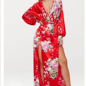 Satin long sleeve kimono dress